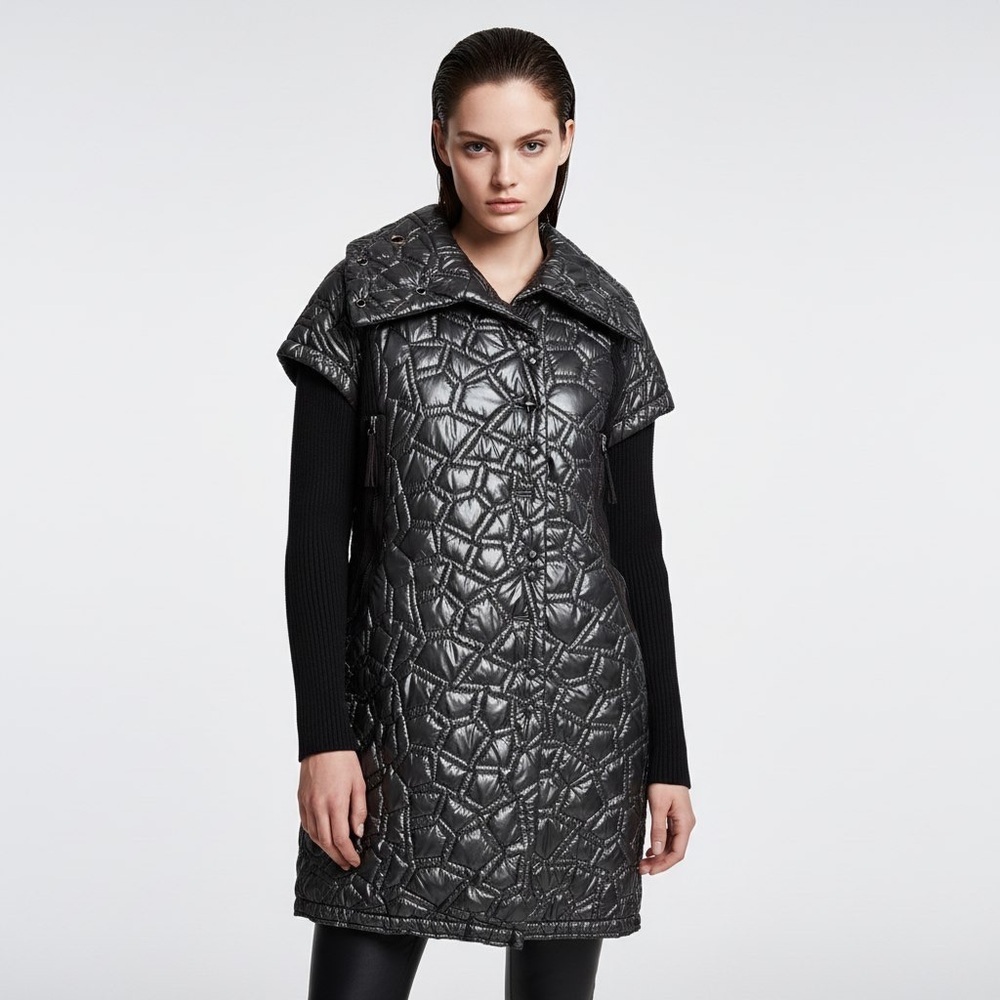 Laflamme Fourrure Gunmetal Quilted Long Coat Jacket Knit Sleeve Size M